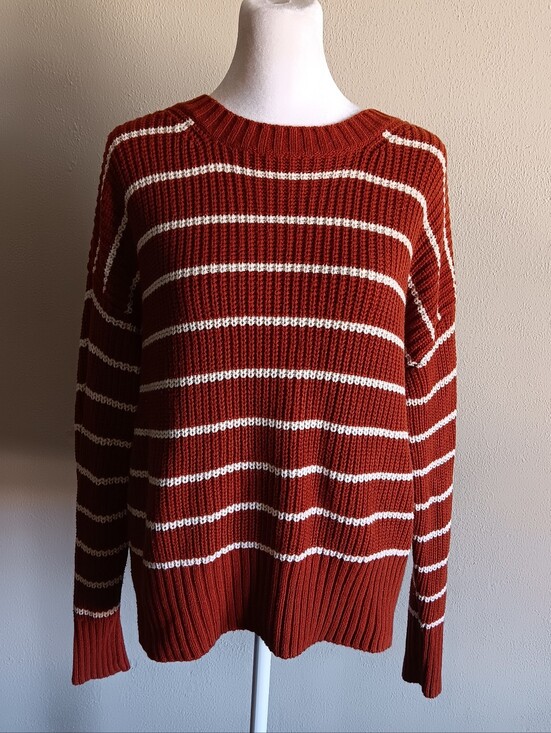 a.n.a Sweaters - A.n.a Brown & Ivory Striped Knit Sweater, Size Large, Knit Fall Casual Pullover